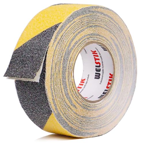 WELSTIK Cinta adhesiva antideslizante, 50 mm x 20 m, cinta adhesiva antideslizante para escalones antideslizantes en interiores y exteriores, color negro y amarillo