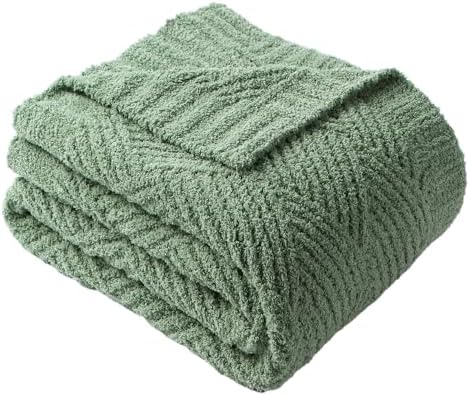 Battilo Sage Green Chenille Throw Blanket for Couch, Soft Diamond...