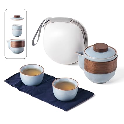 Portable Kungfu Teapot Tea Set, Ceramic Travel Tea for One Set, A Minimalist Look Tea Pot with 2 cup for Tea Lovers Home Hotel Office Outdoor Picnic Blue