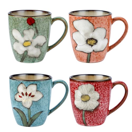 VanEnjoy 13oz Coffee Mug 4 Set of Ceramic Coffee Cups Cappuccino Cups Set Vintage Coffee Mugs for Home Cafe Floral Mugs for Tea Latte Espresso