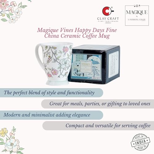 Image of Clay Craft x Magique by The Wishing Chair : Vines Happy Days Ceramic Coffee Mug 300ml | Fine China Floral Milk Tea Cup | Microwave & Dishwasher Safe | Elegant Mug for Home Office Gifting