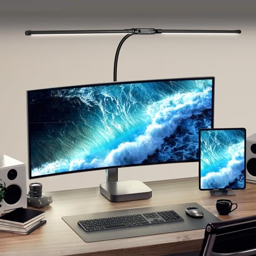 CHENBEN LED Desk Lamp Office,15W 61cm Double Head Desk Lamps with Clamp,Monitor Light Bar 5 Color Modes & 10 Brightness Levels,Memory Gooseneck Desk Lamp for Study,Timable Table Lamp for Work,Read