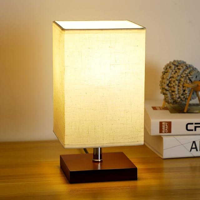 Depuley Bedroom Table Lamp Bedside LED Lights Square Desk Lamp Beige Fittings with Fabric Shades and Solid Wood Base, Nightstand for Living Room Modern, Office, Kids (4W E27 Bulb Included)