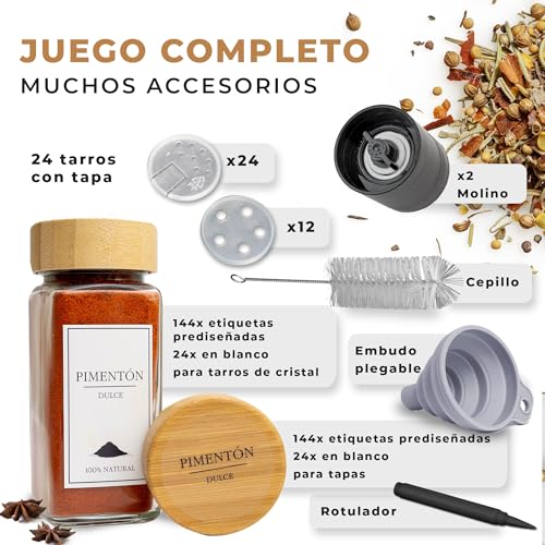 Miniatura 2 de Comforder Botes Especias Cristal Incluye 336 Etiquetas En Español Y Molino 24 Tarros De 120ml Bambú