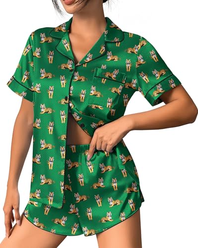 Image of Ekouaer Womens Silk Satin Pajama Set Print Short Sleeve Sleepwear Button Down Pjs Shorts Set Loungewear
