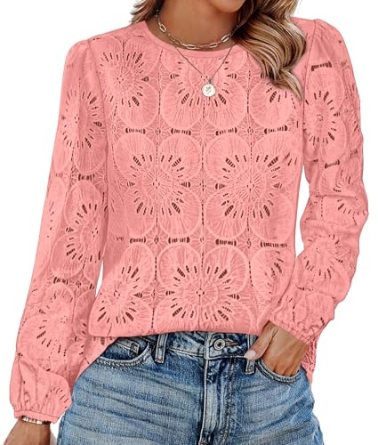 Image of OFEEFAN Blouses for Women Dressy Casual Spring Tops 2026 Summer Outfits Flower Lace Crochet Long Sleeve Shirts