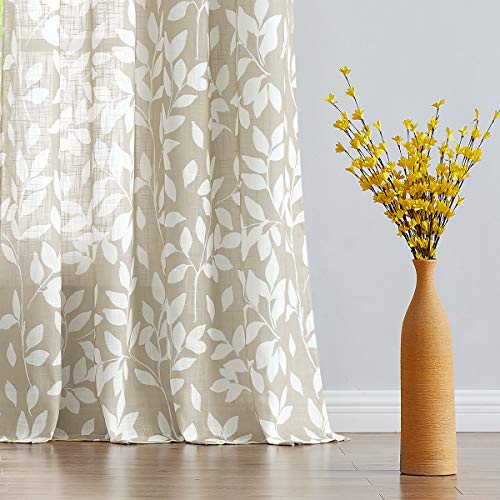 Image of Treatmentex Print Semi Sheer Leaf Curtains for Living Room 52 inch x 54 inch White and Taupe Curtain Panels for Windows, 2 Pack, Taupe, Grommet Top