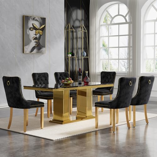 Marble-Dining-Table-Set-for-6-Rectangular-70-Dining-Room-Table-with-6-Black-Dining-Chairs-BlackGold-Dining-Table-with-Faux-Marble-Top-Large-Dining-Table-and-Chairs-Set-for-Home-Furniture Marble Dining Table Set for 6 Rectangular 70 Dining Room Table with 6 Black Dining Chairs BlackGold Dining Table with Faux Marble Top Large Dining Table and Chairs Set for Home Furniture