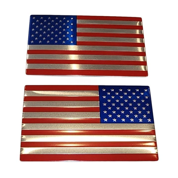 Image of Muzzys (Set of Two) 3 inchx5 inch Red Chrome Blue Aluminum Embossed Left & Right American Flag Decal Emblem Sticker Badge United States Stick On Fender Bed Car Truck Window Glass USA 250th