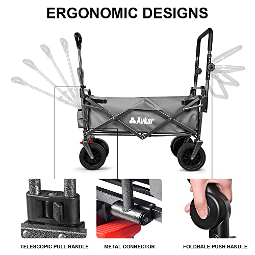 Aukar Collapsible Canopy Wagon - Heavy Duty Utility Outdoor Foldable Garden Cart - With Adjustable Push Pulling Handles,Big Wheels For Sand, For Shopping, Picnic, Camping, Sports - Grey #TOP4