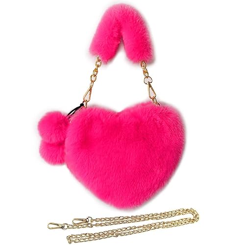 Rejolly Furry Purse for Girls Heart Shaped Fluffy Faux Fur Handbag for Women Soft Small Shoulder Bag Clutch Purse - Rose Red