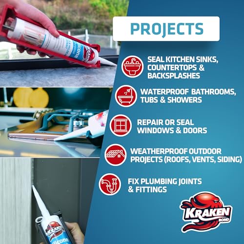 Image of Kraken Bond Brown Silicone Sealant Waterproof% 100-10 fl oz Cartridge - RTV Silicone Caulk Kitchen and Bathroom, All Purpose, Window Caulking Sealant Outdoor Exterior Use Silicon, Gun Incl - 12 Pack