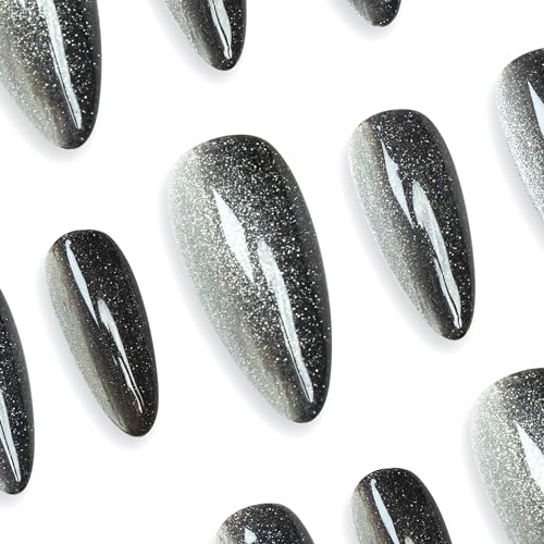 Sun&Beam Nails Handmade Press-on Medium Long Almond Black Silver Cat Eye Design Charming False Nail Tips 10 Pcs (#125 M) - Image 3