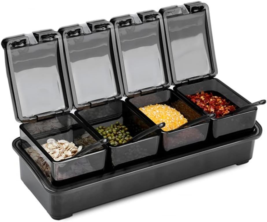 Spice Box Container, 4-Compartment Spoon Holder for Salt, Pepper, Sugar, and Seasonings - Kitchen Accessories