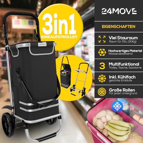 24MOVE® Einkaufstrolley Vehlo klappbar mit 55L inkl. Kühlfach, Faltbarer 3in1 Trolley - Sackkarre und Tasche, bis 30kg belastbar, schwarz – Bild 3