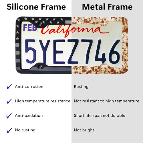 2 PCS Silicone License Plate Frame, Black American Flag License Plate Frame, Rubber Licence Plate Holder, 3D Stars and Stripes USA Flag Front Rear License Plate Covers Frames for Car, Truck and SUV