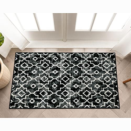 Wonnitar Moroccan Washable Area Rug - 2X3 Black Front Door Rug Non-Slip Distressed Small Rug Modern Geometric Trellis Throw Door Mat Indoor Floor Carpet For Entryway Bathroom Kitchen #TOP4