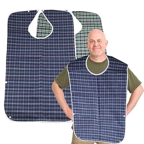 ZCYKJ 2 Pack Washable Adult Bibs for Elderly Reuasable Adult Dining Bibs for Eating for Men Women Waterproof Feeding Bibs Clothing Protectors for Adult Elderly and Disabled(Blue & Green)