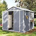 Aoxun 6 x 8 FT Outdoor Storage Shed with Window, Resin Shed with Floor & Lockable Doors, Garden Shed Waterproof Plastic Tool Shed with Sloped Roof for Backyard, Garden, Patio, Lawn, Grey