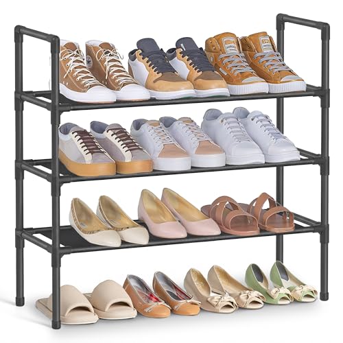 Image of SONGMICS 3-Tier Shoe Rack, Shoe Storage for Hallway Closet, Slim and Space-Saving, Metal Frame, Non-Woven Fabric Shelves, Black ULSH043BH01