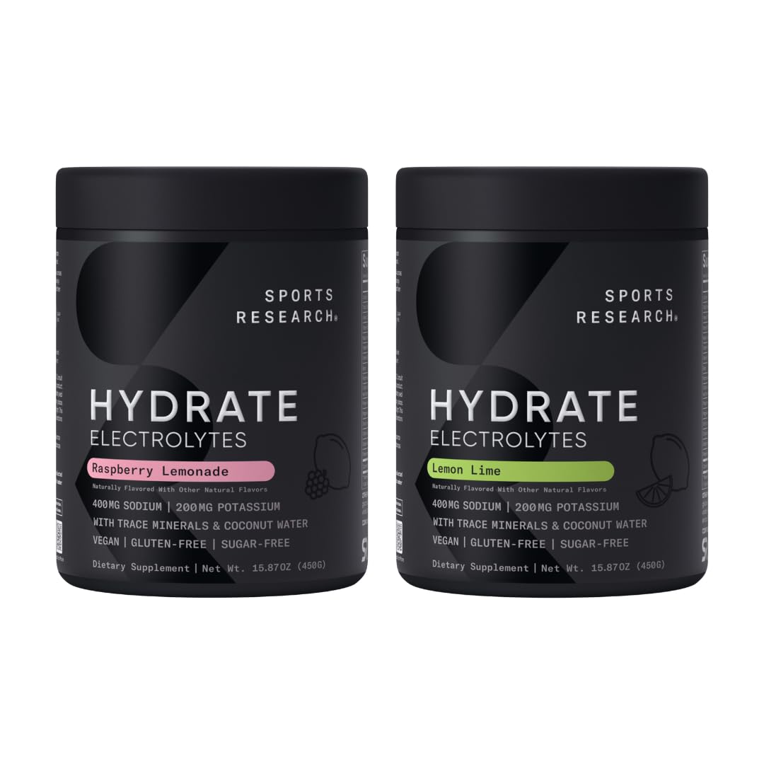 Sports Research Hydrate Electrolytes Powder - Sugar-Free & Naturally Flavored with Vitamins, Minerals, and Coconut Water - Supports Hydration - Raspberry Lemonade & Lemon Lime