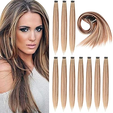 Teruntrue 10 PCS Ombre Colored Clip in Hair Extension, 20 inch Mixed Color Heat-Resistant Straight Hairpieces for Girls Women Kids, Fashion Cosplay Party Highlights(White/Brown/Light Brown/Beige) Cover