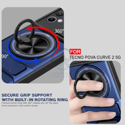 Image of AESTMO Tecno Pova Curve 2 Back Cover | Armor Camera Slider 360 Degree Rotating Finger Ring Holder Case with Bracket Stand & Camera Protection Back Case Cover for Tecno Pova Curve 2 (Blue)