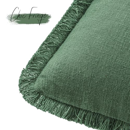 Image of Foindtower Set of 2 Decorative Linen Fringe Throw Pillow Covers Cozy Boho Farmhouse Cushion Cover with Tassels Soft Accent Pillowcase for Couch Sofa Bed Living Room Home Decor, 16x16 Inch, Pine Green