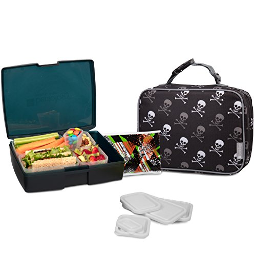 Entology Lunch Bag And Box Set For Kids - Boys Insulated Lunchbox Tote, Bento Box, 5 Containers And Ice Pack - 9 Pieces - Pirate Skulls #TOP27