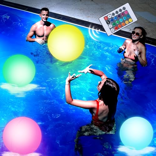 AMOR PRESENT Pool Toys, 12 Inches Light Up Beach Balls with Remote-Control 3PCS Glow in The Dark Water Toys, for Kids Adult Outdoor Pool Beach Party Games and Decorations