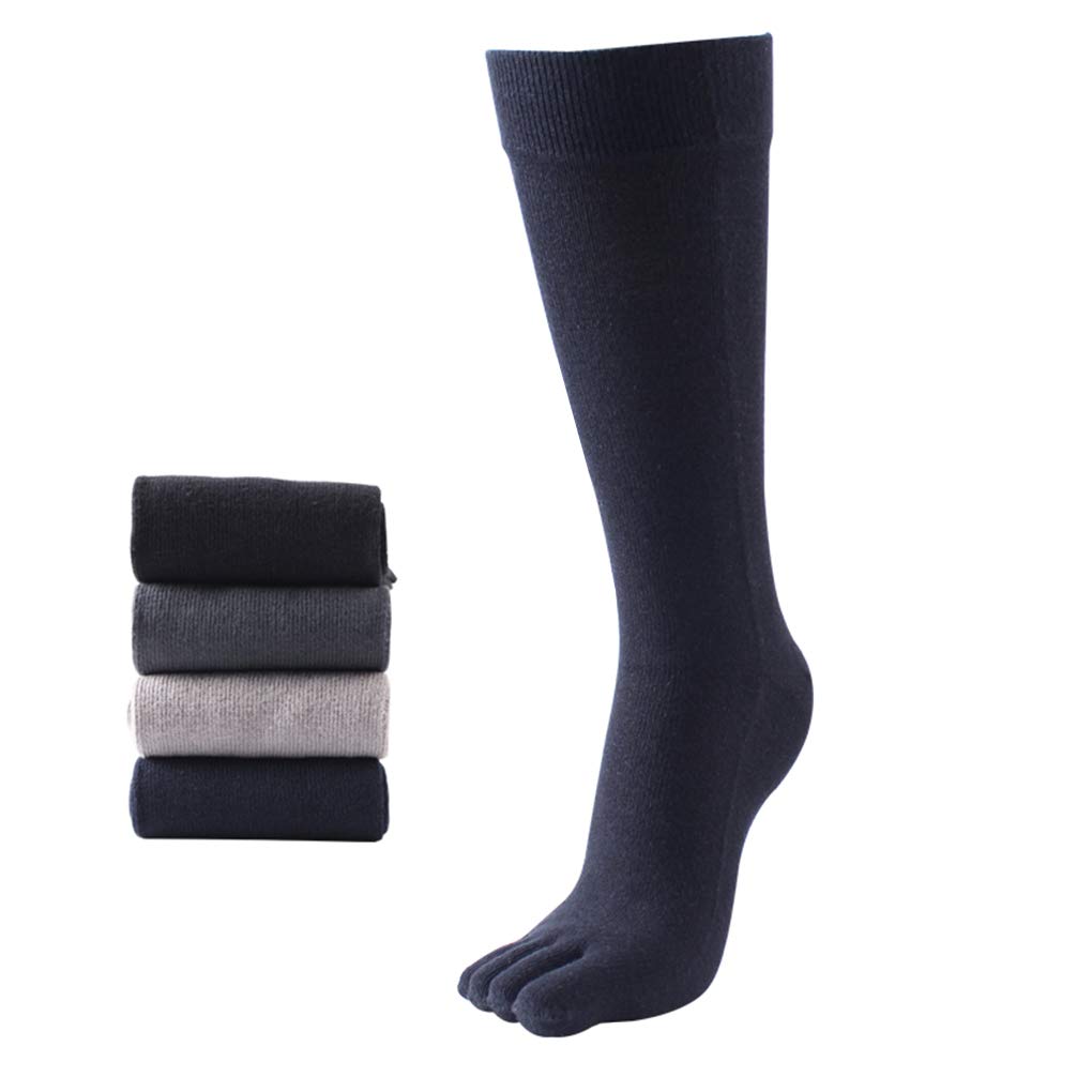 Antcher Mens Knee High Toe Socks Cotton Five Finger Socks Sports Running Long Tube Calf Socks, 4 Pairs