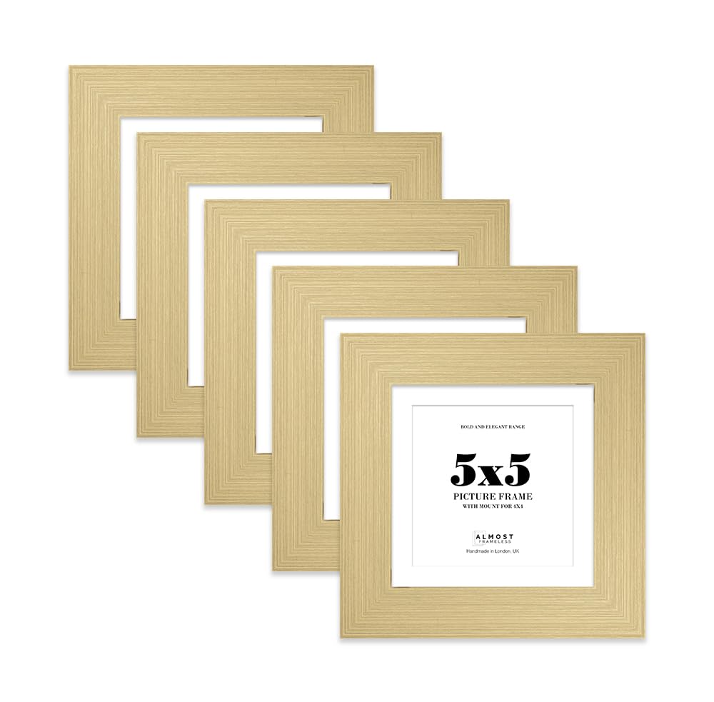 5x5" Gold Square Frame With Mount for 4x4" Pictures 28mm Edge Frame Display with Wall Hooks and Kickstand, 5 Pack