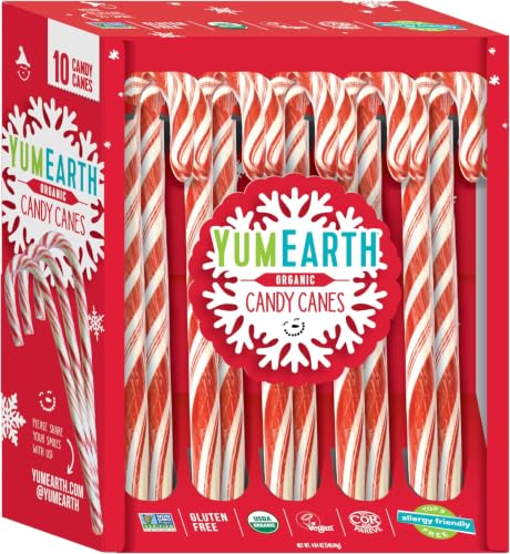 Image of YumEarth Organic Candy Canes - Individually Wrapped Full Size Peppermint - Allergy Friendly, Non GMO, Gluten Free, Vegan, Dye Free Christmas Candy - 10 Count (Pack of 5)