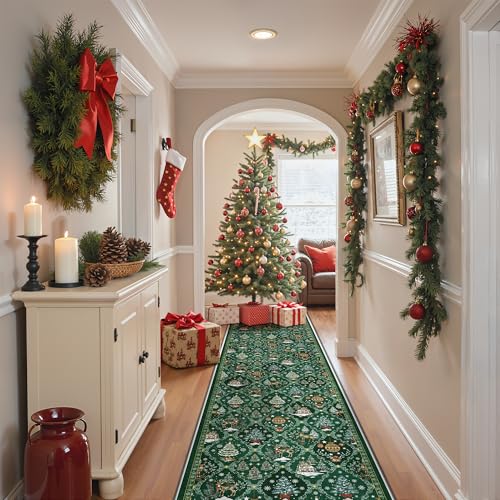 Madane Christmas Runner Rugs for Hallway 2x10 Long, Washable Non-Slip Green Hallway Rug Low-Pile Stair Kitchen Runner Soft Holiday Decor Throw Carpet for Entrance Living Dining Laundry Room