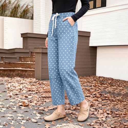 Pull On Sweatpant Jeans Women Polka Dot Barrel Pants Drawstring Denim Pants - image 3