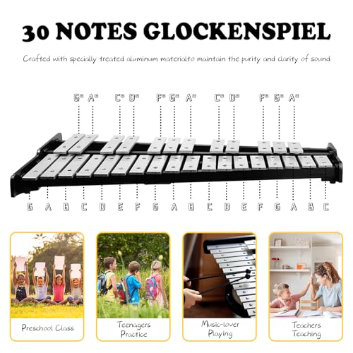 Image of Soulmate 30 Notes Glockenspiel Xylophone Bell Kit with 8'' Drum Practice Pad Professional Percussion Instrument for Adults & Beginner Students