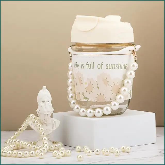 Image of Glassbunny Glass Coffee Tumbler with Lid and Straw, 350 Ml Milk Mug with Pearl Chain Belt & Leather Grip Reusable Travel Sipper Cute Mugs for Girls for Juice Smoothies Iced Tea
