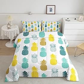Pineapple Bedding Sets Tropical Fruit Print Comforter Teal Yellow Fresh Pineapple Quilt Set Full Size,for Children Boy Girl Teen Kids - Includes 1 Comforter, 2 Pillow Cases 51qG Ys4FlL. SS280