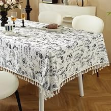 Kerio Rectangle Table Cloth Linen Floral Tablecloth Waterproof Black Flower Print Table Cover with Tassel for Kitchen Wedding Party Table, 55x98