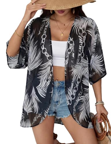 Image of Chunoy Women Floral Beach Wear Cover Up Chiffon Kimono Cardigan Open Front Blouse Top