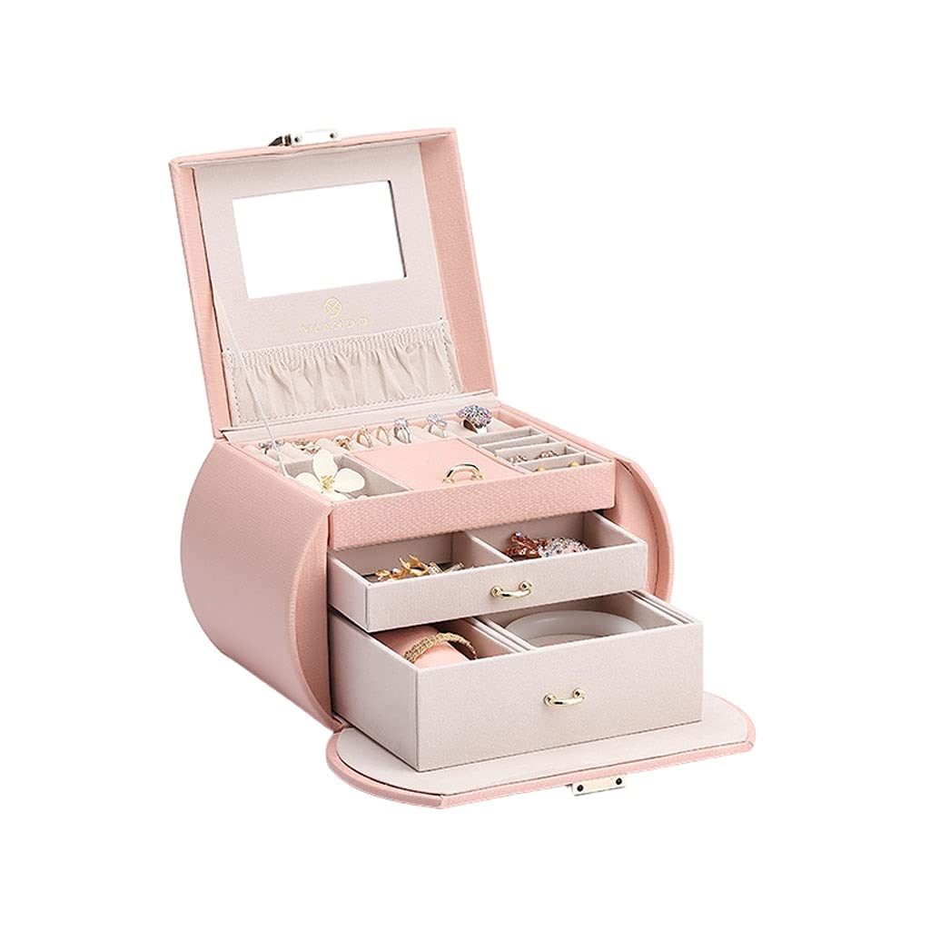 Caja de joyería Unique Medio Mes Modelo Joyería Caja de Almacenamiento Multi-Capa Capacidad de Gran Capacidad Organizador de Cuero Caja Exquisita Portátil (Color : Pink)