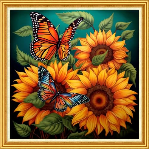 Image of Foxhool Stamped Cross Stitch Kits,11CT Printed Cross Stitch Pattern Full Embroidery Kits for Beginner Needlepoint Kits-Sunflower Butterfly 18x18 inch