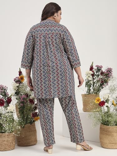 Image of Tissu Women's Plus Size Pure Cotton Grey Floral Tunic with Palazzo Co-ords