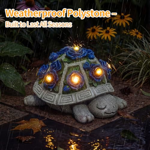 Solar Garden Outdoor Decor Turtle Statue, Dark Blue Roses & 7 LED Lights - image 4