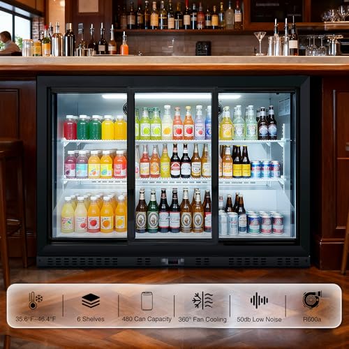 Image of Favfurish 53 inch Beverage Refrigerator With Glass Door,480 Cans Beverage Cooler Fridge W / 6 Shelves,11.3 Cu.Ft Commercial Refrigerators,Led Lighting,for Beer Wine And Drink,3 Sliding Doors,Black