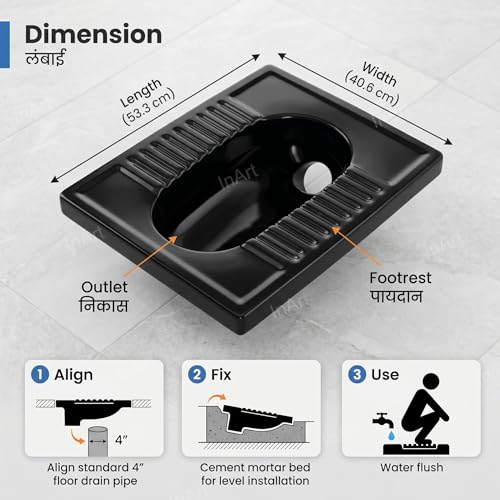 Image of InArt Ceramic Sanitary Ware Indian Toilet /Orissa Pan for Bathroom (Black, 21 Inch)