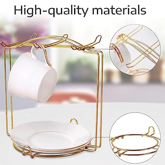 Tea Cups and Saucers Holder,Metal Tea Cups Coffee Cups Rack,Organizer for Coffee Cup Spoon and Saucers (Gold)