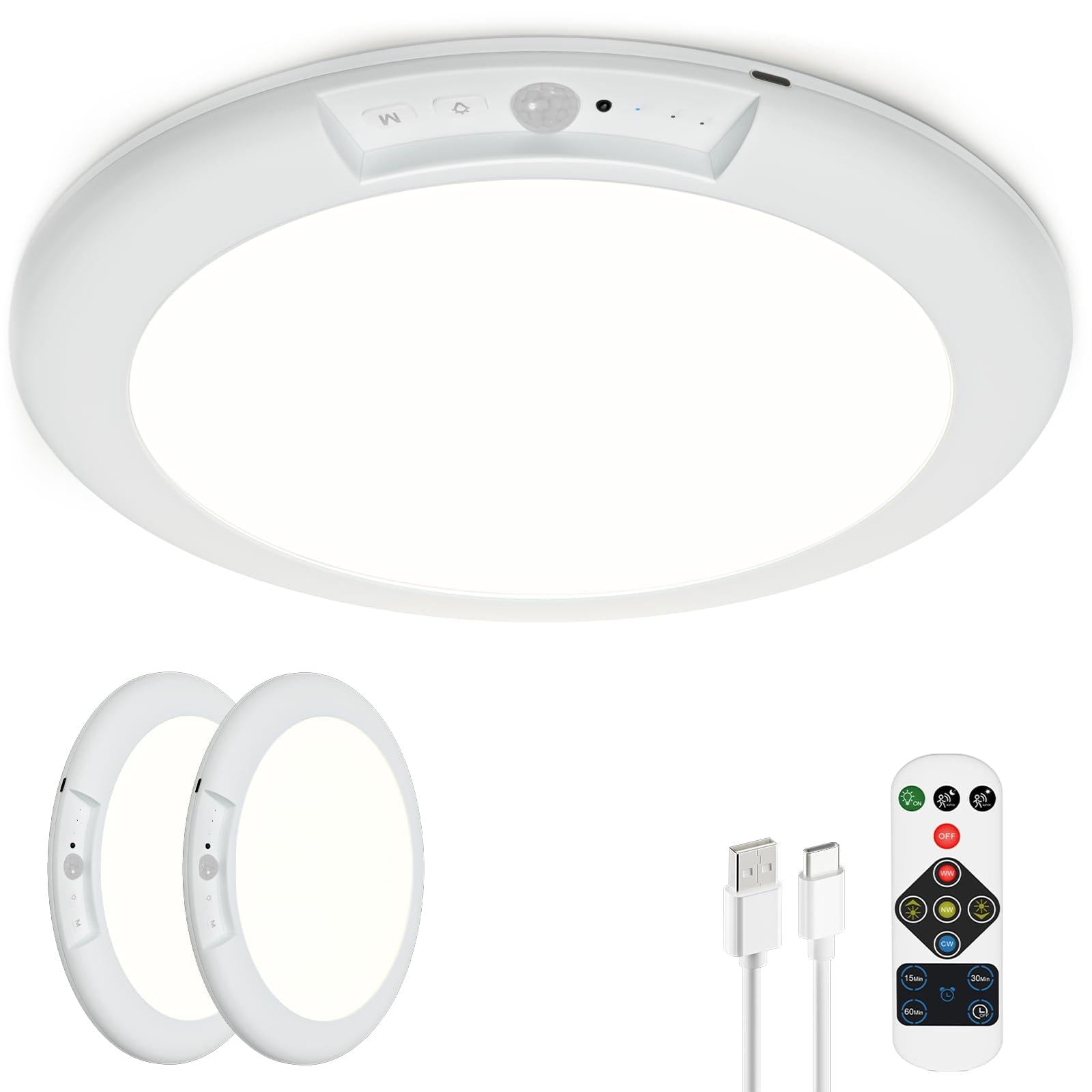 Toowell Akku Lampe mit Bewegungsmelder Innen,Schranklicht mit Bewegungsmelder Schrankbeleuchtung Lampe Ohne Strom,Akku Deckenlampe Ohne Bohren Batterie Badezimmerlampe mit Fernbedienung,2 Stück