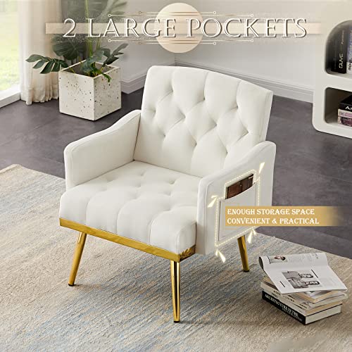 Antetek Upholstered Velvet Accent Chair, Modern Armchair Single Sofa Arm Chair With Golden Metal Legs, Tufted Lounge Reading Chair For Living Room, Bedroom, Office, Light Beige #TOP4