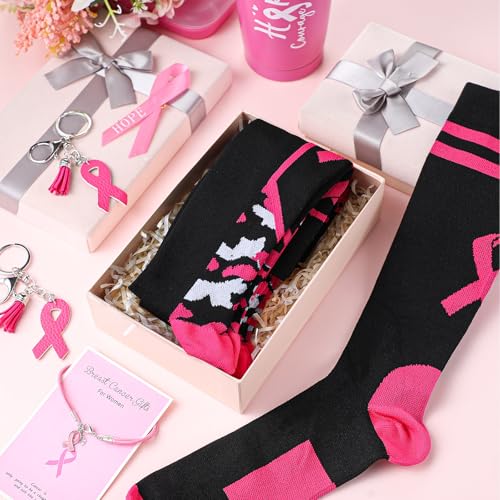 Haysandy 2 Pairs Breast Cancer Socks Women Pink Ribbon Athletic Knee High Crew Socks Football Calf Softball for Men4